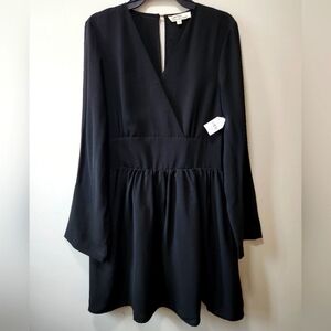 Black Size L Midi A-Line Dress with Waist Band V Neck Zipper Closure- BNWT